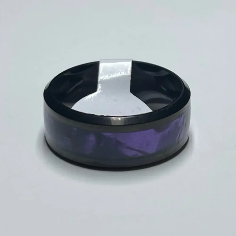 8mm Black Tungsten With Synthetic Purple Tiger Cowrie Inlay Band Ring Size 8